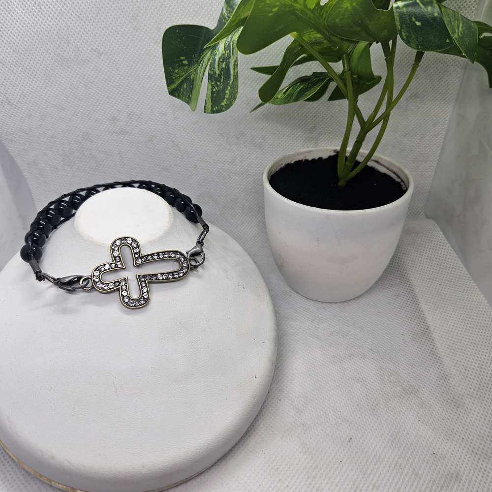 Black Braided Leather Bracelet with Rhinestone Cross Accent